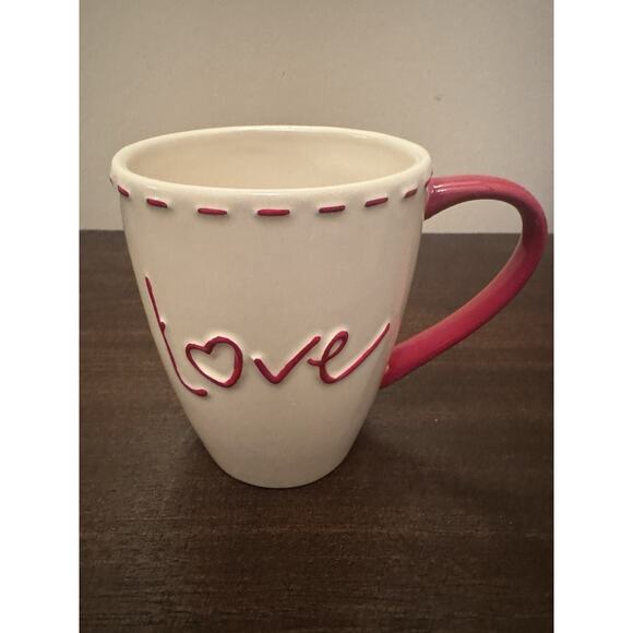 Williams-Sonoma "LOVE" Mugs Heart Set 5 Valentines Cup Stitching Red Handle Chip - Picture 2 of 10